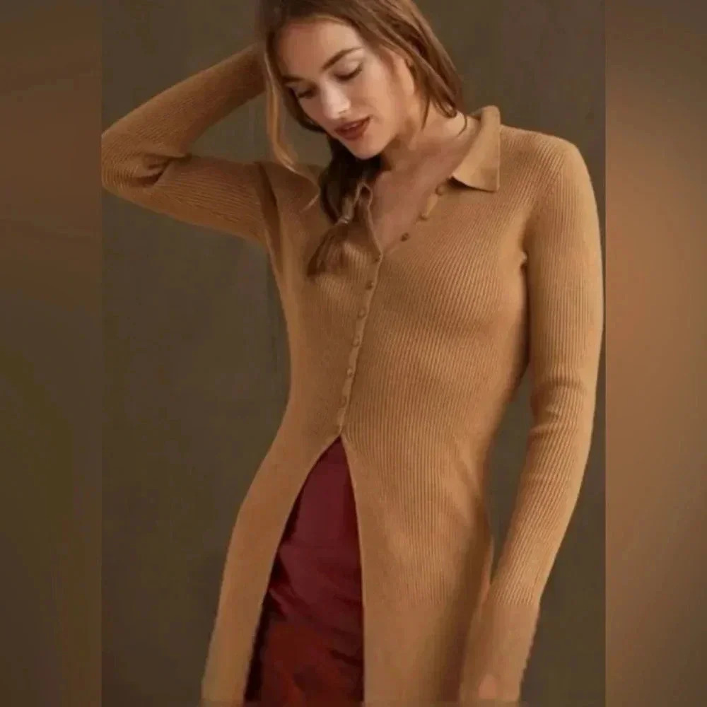 Maeve by Anthropologie XSP Ribbed Slim Button Down Collared Cardigan